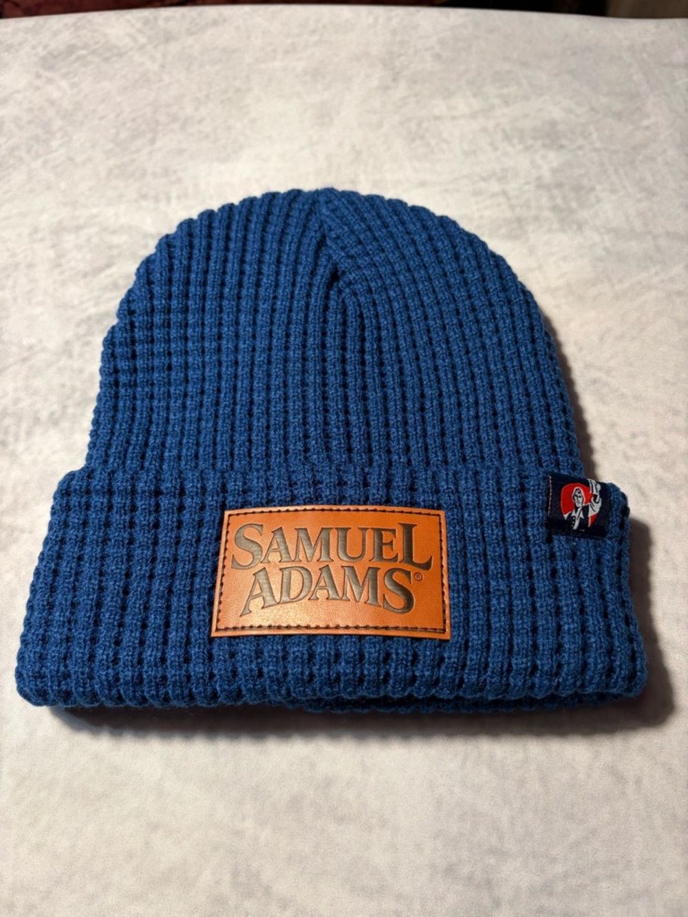 Samuel Adams Blue Knit Beanie Hat Logo Patch Winter Cuffed Brewery